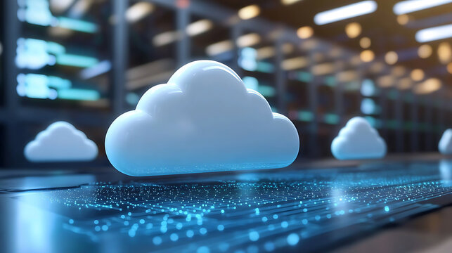 Futuristic cloud computing visualization with glowing data elements digital data center 3d render high-tech environment close-up view conceptual technology
