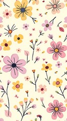 A whimsical seamless pattern of hand-drawn flowers in a naive art style, featuring soft pastel pinks, yellows, and lavenders on a cream background.