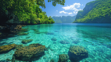 Tropical summer lagoon with clear turquoise waters and a lush jungle backdrop