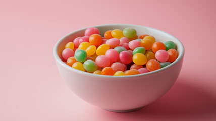 A porcelain bowl filled with multicolored hard candies, sitting on a light pink background