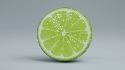 A fresh lime slice showing vibrant green color and texture against a gray background.