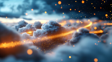 Futuristic cloud-to-cloud data migration concept in a digital sky stunning visuals abstract environment atmospheric viewpoint modern technology