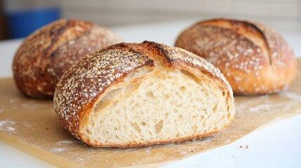 Freshly baked sourdough loaves on parchment paper (1)