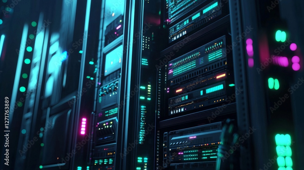 Poster a night view of an illuminated server rack in a data center with cables