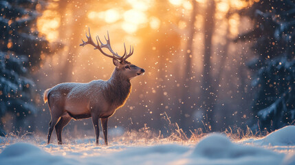 Winter snow-draped evergreen forest with a deer standing gracefully in the clearing