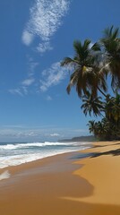 Fototapeta premium Tropical Paradise Beach Scene: Golden Sands, Palm Trees, and Azure Sky