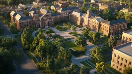Fototapeta premium Stunning Aerial View of a Modern University Campus with Lush Gardens and Historic Buildings