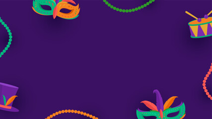 Mardi Gras festival copy space background with mask and drum on purple