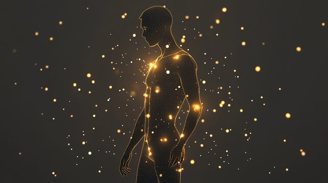 Abstract Acupuncture Silhouette: Modern Traditional Chinese Medicine Concept. Glowing Particles and Metallic Gold Accents on Matte Background. High-Contrast Design for Wellness Marketing and Healthcar