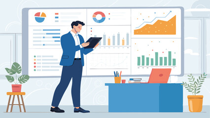 Business Team Analyzing Data Charts on Transparent Background