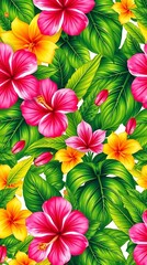 A vibrant seamless pattern with a tropical theme, featuring lush green leaves, bright pink hibiscus flowers, and sunshine yellow accents, rendered in a photorealistic style,.