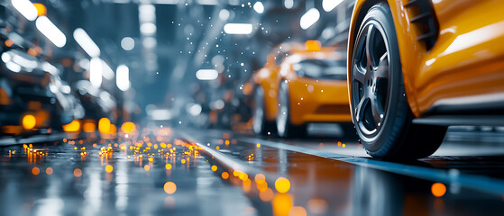 Futuristic factory floor with glowing data flows automotive manufacturing industrial environment dynamic viewpoint advanced technology concept