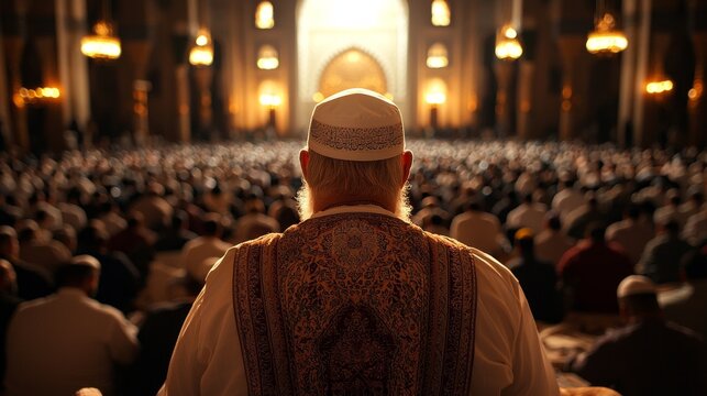 Imam leads Khutbah full of wisdom and inspiration as large congregation listens intently in intricately designed mosque highlighting unity and faith among worshippers.