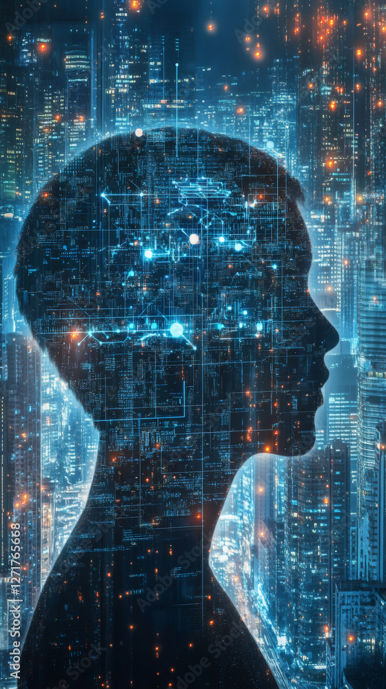 Leinwandbilder cybernetic human profile embedded with digital circuitry, revealing technological integration within