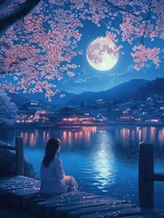 Woman on dock looking at full moon
