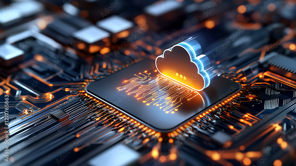 Poster futuristic cloud computing technology data center digital illustration high-tech environment macro v