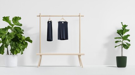 Minimalist Black Clothing Display on Wooden Rack with Green Plants