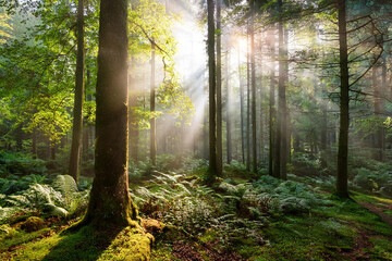 Obraz premium Panoramic landscape, beautiful rays of sunlight in a silent green forest. Royalty high-quality free best stock of sunlight shining through the vibrant lush green foliage, dynamic scenery