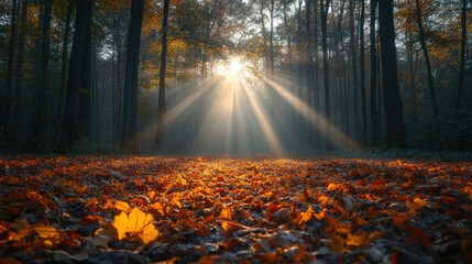 Obraz premium Fall misty morning forest with colorful leaves carpeting the ground and rays of light streaming through trees