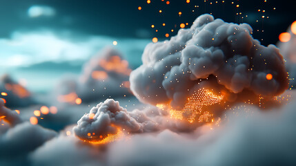 Futuristic internet grid transferring data between globes surreal cloudscape digital art fantasy environment aerial view technology concept