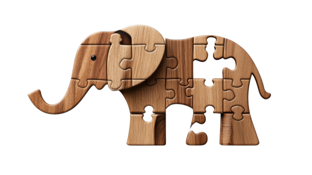 A wooden elephant puzzle piece with a trunk and tusks