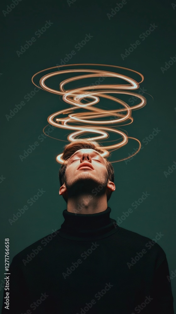 Poster man in deep contemplation with swirling light trails above his head, symbolizing mental overload, st