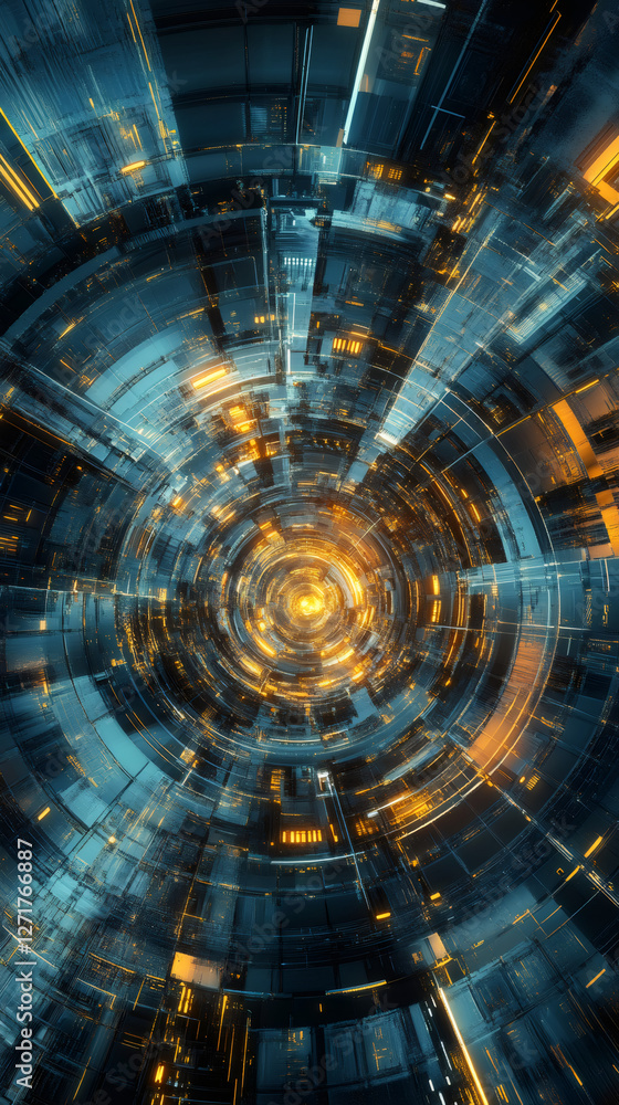 Fototapete futuristic circular tunnel rotating with glowing lights, creating a mesmerizing spectacle of technol