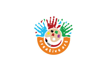 Creative kids logo design with palm print painting ink palette icon symbol