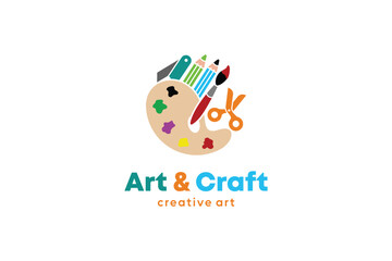 Children's arts and crafts logo with pencil knife, scissors and painting tools icon symbols