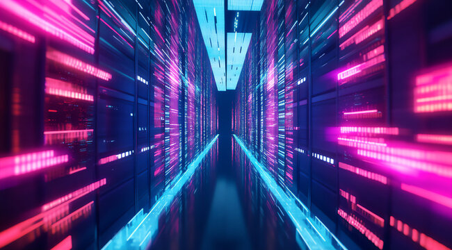 abstract futuristic tunnel with neon lights and glowing digital data,