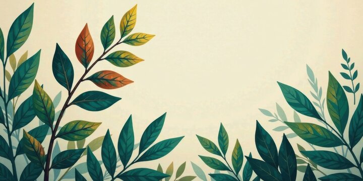 Elegant Botanical Frame with Lush Green and Autumnal Leaves, Perfect for Invitations, Posters, or Seasonal Announcements