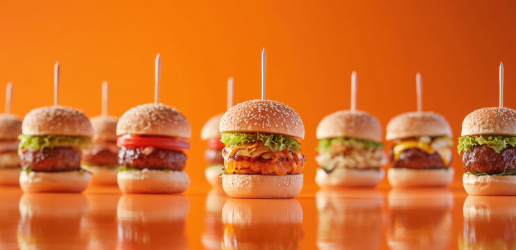 A lineup of colorful burgers with fresh ingredients displayed against a bold orange backdrop, appealing to food lovers and diners