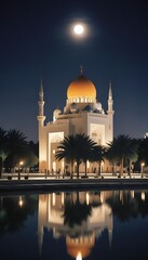 Illuminated Mosque Reflecting in Calm Water Under Moonlight
