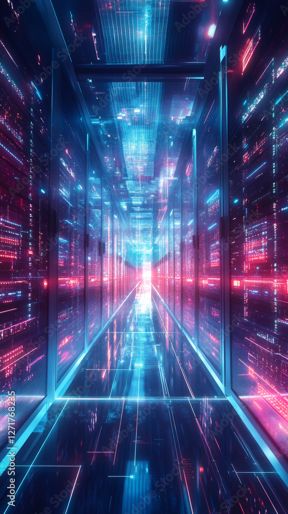 Aufkleber futuristic server room corridor featuring glowing lights and reflections, creating a modern atmosphe