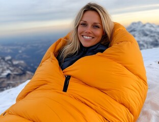 A smiling woman relaxes in a bright orange sleeping bag atop a snowy mountain peak, enjoying a scenic sunset view