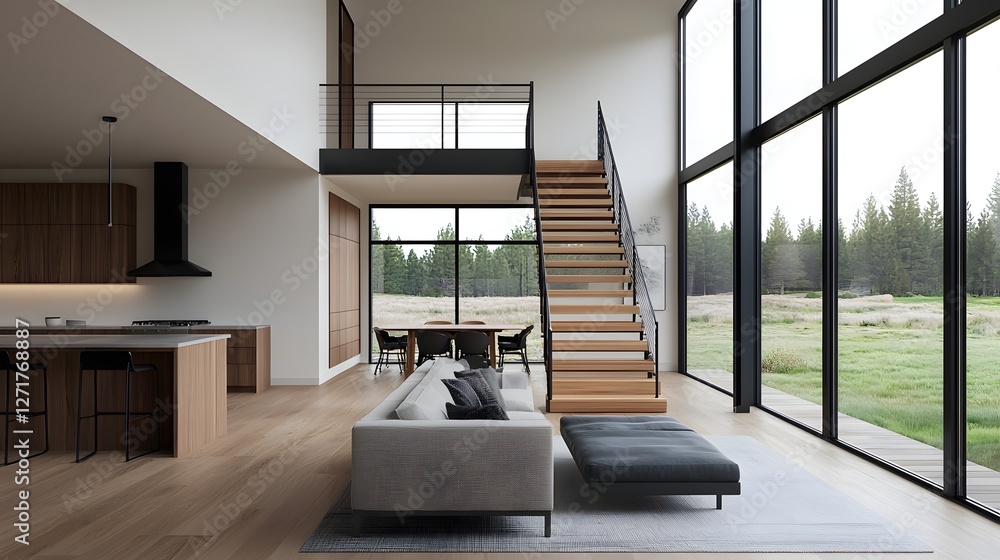 Poster a minimalist modern house design featuring floating stairs floor to ceiling windows and an open conc