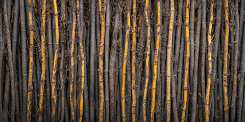 A collection of weathered bamboo sticks stands upright, showcasing natural textures and hues, highlighting the beauty of organic materials