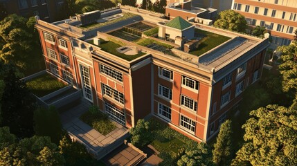 Fototapeta premium Majestic Brick Building with Lush Green Roof Garden - Architectural Masterpiece in Urban Setting