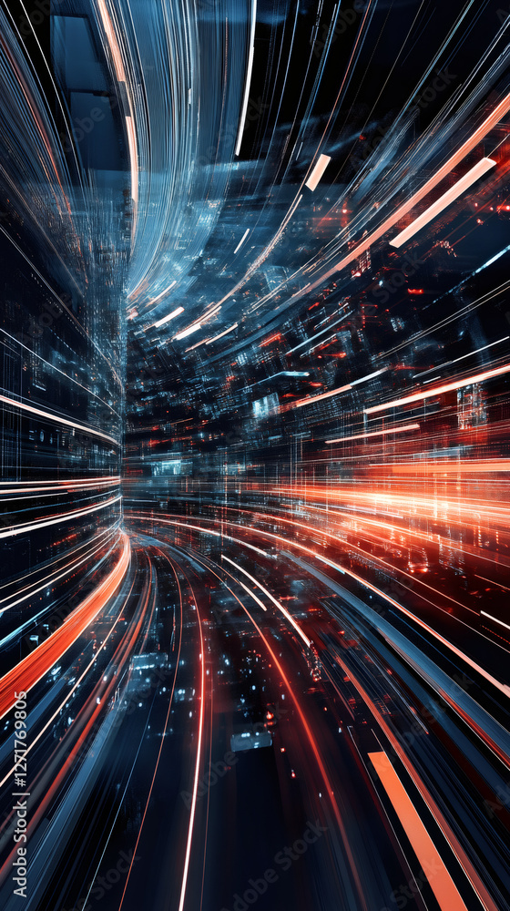 Fototapete abstract background showing fast blurred traffic moving in digital cyberspace tunnel with red and bl