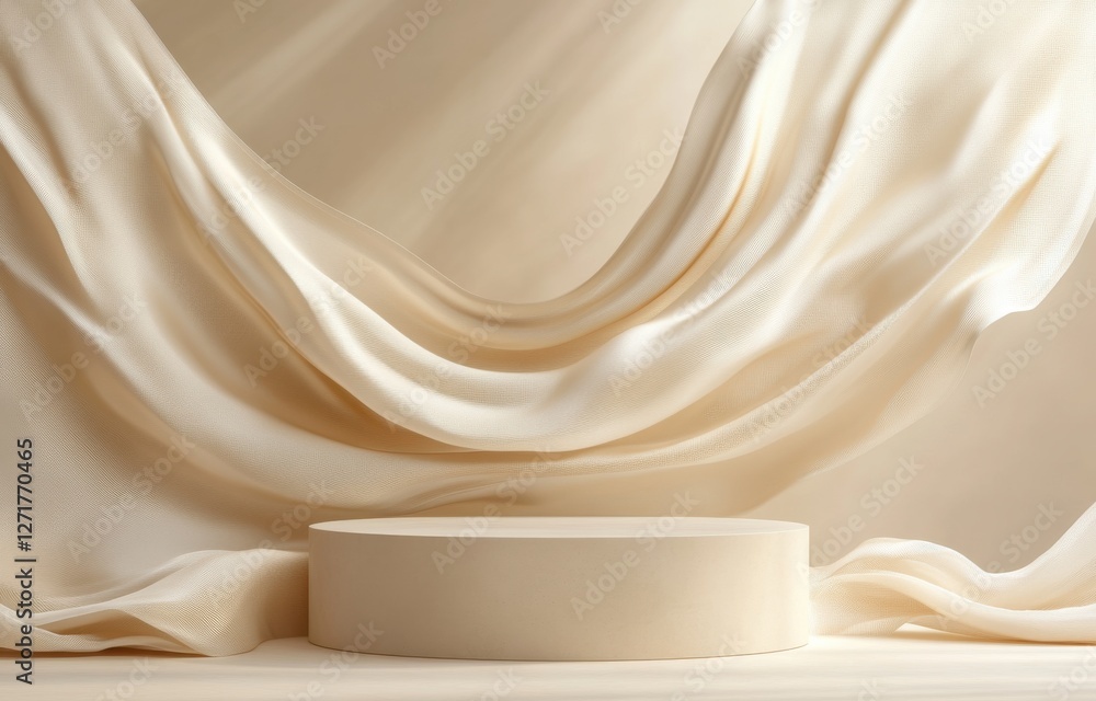 Poster a minimalist scene featuring a smooth round pedestal surrounded by elegant draped fabric, creating a