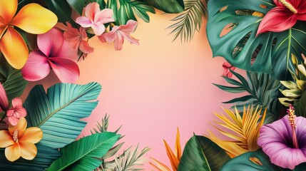 Fototapeta premium Tropical flowers and leaves frame, pastel background, design element