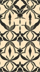 A sophisticated seamless pattern showcasing elegant geometric shapes in muted tones of charcoal, beige and ivory, rendered in a high-contrast etching style with fine detaili.