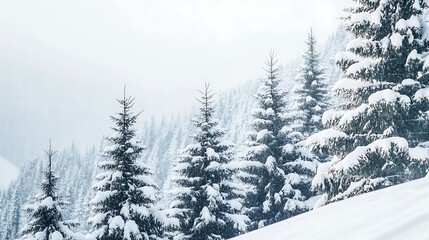 Snow covered evergreen trees on a winter mountain