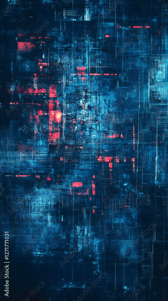 Poster complex network of blue and red lines intertwined on a dark background, creating an abstract technol