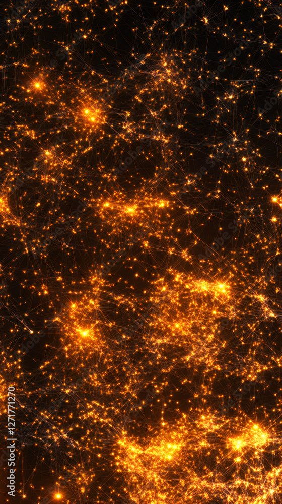 Aufkleber Golden glowing dots connected by thin lines creating a complex network on a dark background, symbolizing global connections or neural pathways