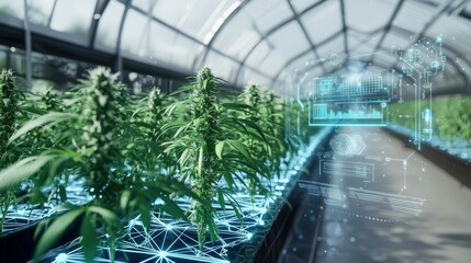 Digital technology and thriving plants integrated in a bright natural light greenhouse