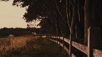 tranquil rural scene with an old, weathered wooden fence stretching along the edge of a grove, framed by thick trees and bathed in the soft glow of twilight. wooden fence, weathered, twilight, 