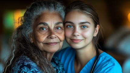 Obraz premium A touching moment between generations as an elderly woman and a young girl share a tender smile