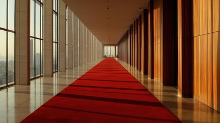 Fototapeta premium Long Red Carpet Hallway in Modern Building with City View