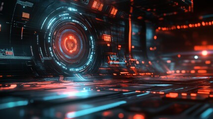 3d technology abstract neon light background, empty space scene, spotlight, dark night, virtual reality, cyber futuristic sci-fi background, street floor studio for mock up. colored geometric.